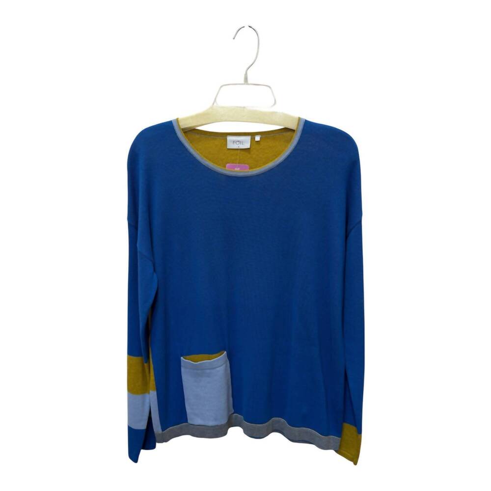 NEW FOIL women's contrast color yarn sweater in royal/ mustard